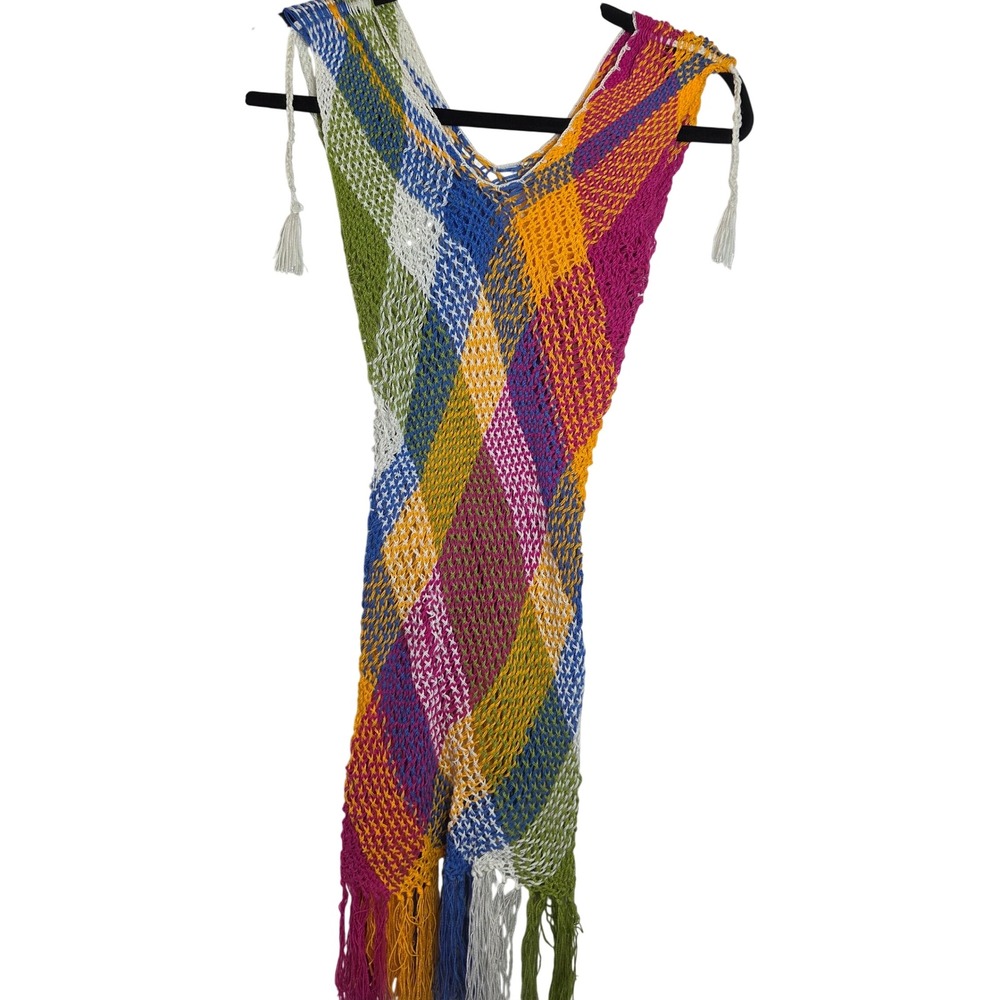 Wuitusu Y2K Vibes Crochet Cover Up Dress Fringe Mesh Beach OSFM